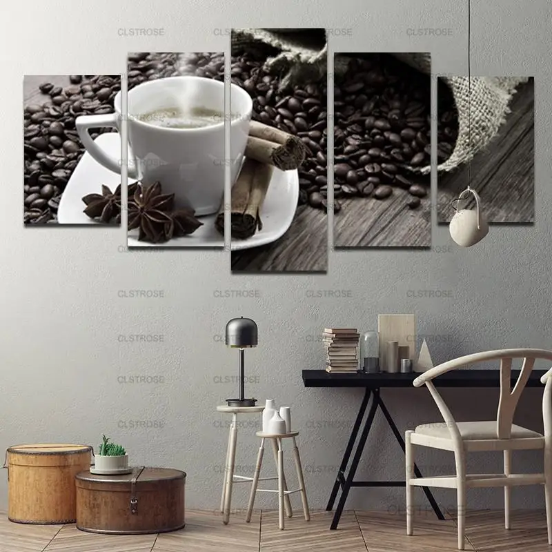 

Porcelain Cup and Coffee Beans On The Table Poster Decoration Canvas Painting Home Living Room Bedroom Wall Supplies Frameless