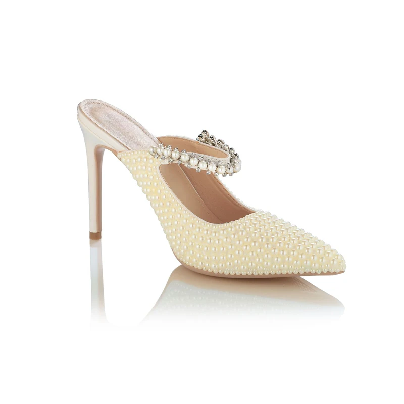 

Туфли Стразы с ремешком на пятке, пикантные эластичные, с жемчугом, на тонком каблуке, свадебная обувь, вечерние туфли-лодочки