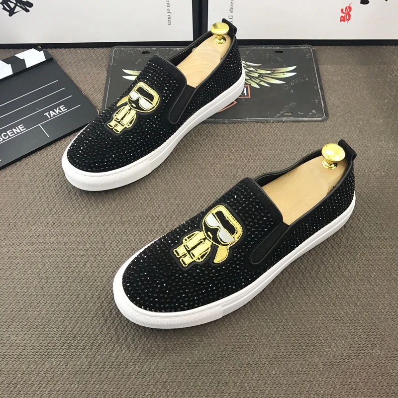 Новые улицы моды Стразы вышивка обувь на плоской подошве для мужчин Дизайнерское