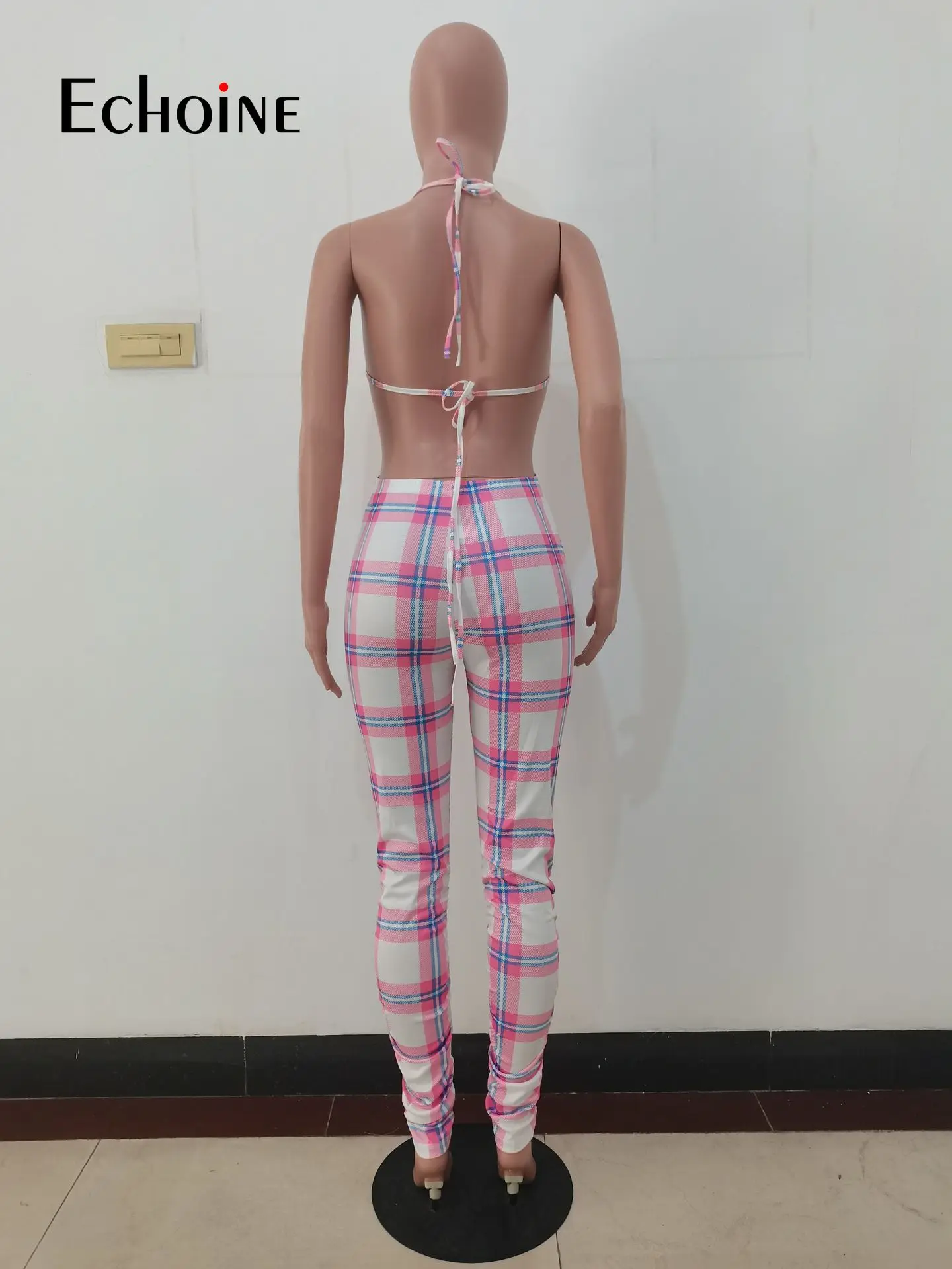 

Echoine Womens Plaid Print Spliced Rompers Jumpsuit Halter Neck Backless Night Club Party Overall Summer Skinny One Piece Outfit