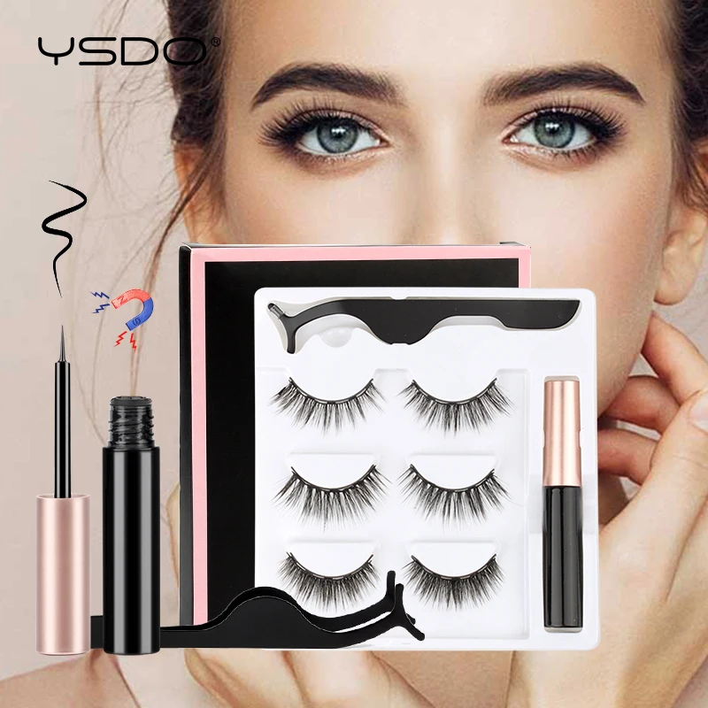 Magnetic Eyelashes Natural False Lashes 3D Mink Repeated Use Eyelashes Waterproof Liquid Eyeliner With Tweezer Makeup Set