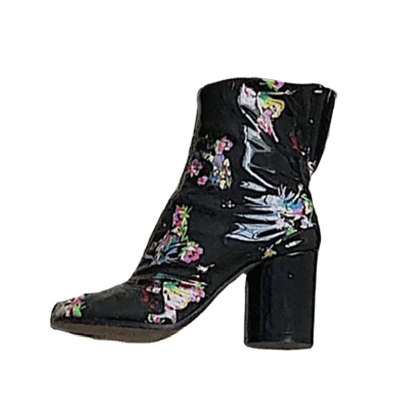 

Women's Mid-calf Boots Split Toe Pull On Floral Mixed Color Pattern High Heels Shoes B271