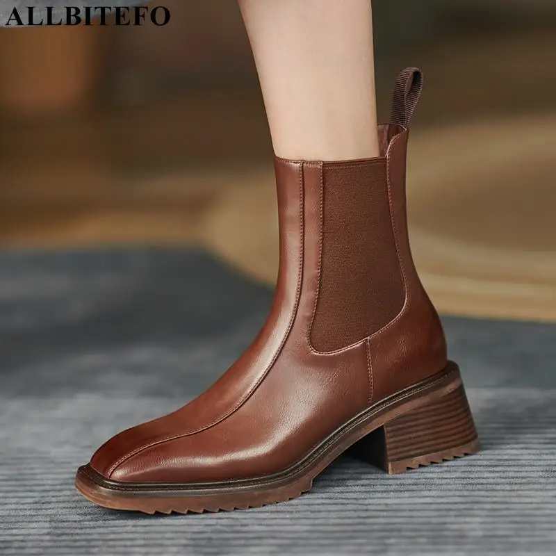 

ALLBITEFO Elastic Band High-End Winter Shoes Genuine Leather High Heel Boots Shoes Women Boots Fashion Ankle Boots for Woman