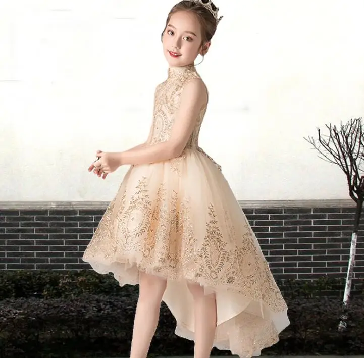 Пышное Платье для девочек в цветочек платья свадьбы и праздника Золото