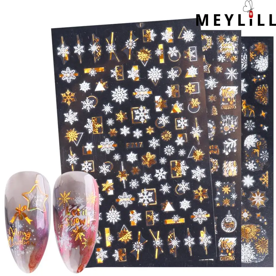 

Winter Snow Elk Laser Gold Design Christmas Nail Sticker With Adhesive Decals Stickers For Nails Manicure 3d White Slider Shiny