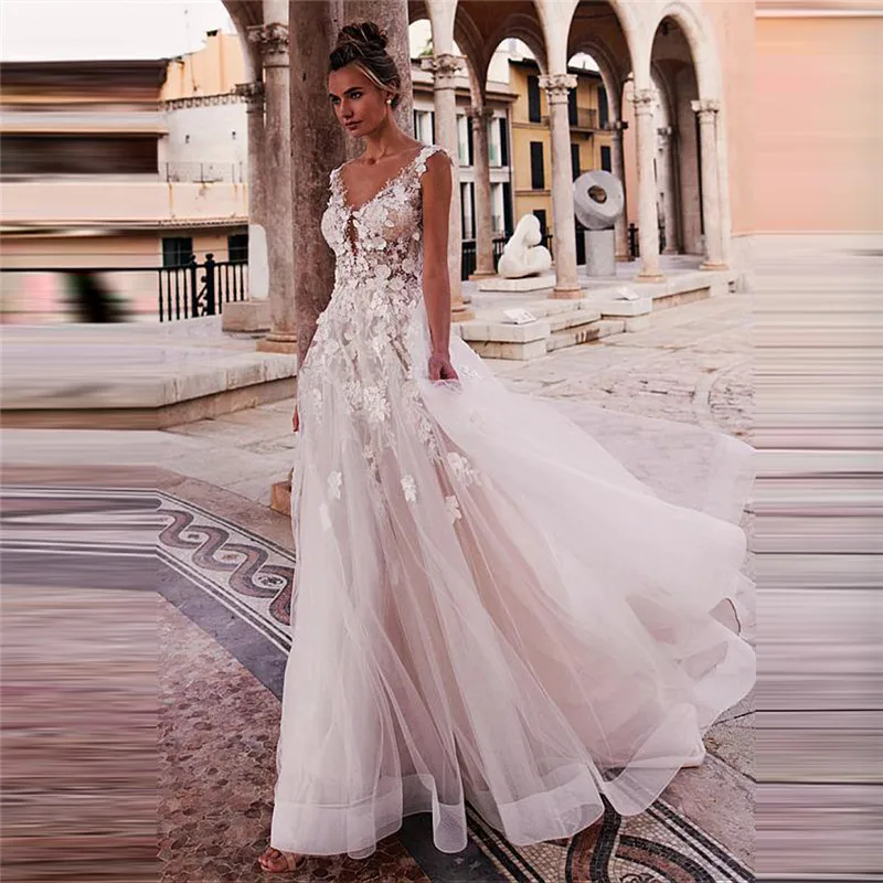 

Фантастическое Тюлевое кружевное свадебное платье с аппликацией, а-силуэт, на пуговицах, сзади, длинное прозрачное сзади, свадебные платья, ...