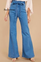 blue tie waist flare jeans women slim denim trousers 2020 spring high waist pants belted stretchy wide leg jeans