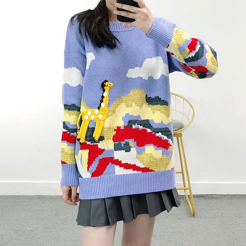 Женский жаккардовый свитер Lazy Oaf свободный толстый вязаный с 3D крючком жираф