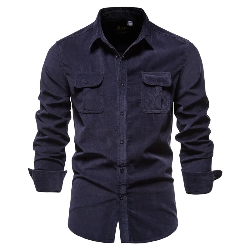 

2021 new single-breasted 100% cotton corduroy long-sleeved button lapel men's shirt business casual fashion solid color