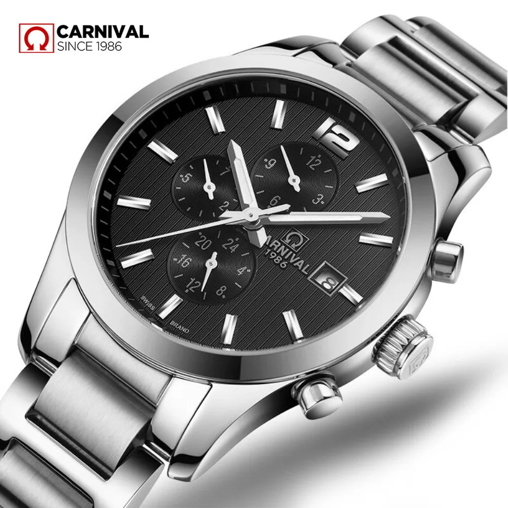 Carnival Brand Fashion Automatic Watch Man Luxury Luminous Gold Silver Business Calendar Mechanical Wristwatch Relogio Masculino