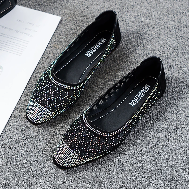 

Summer Shoes for Woman 2021 New Rhinestone Pointed Toe Gauze Breathable Women's Shoes Leather Comfortable Flat Female Shoes