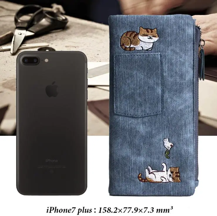 Длинный кошелек для женщин Холщовый бумажник с вышивкой кошки девочек