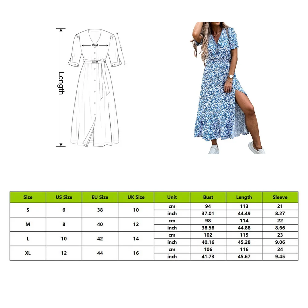 

Women Floral Print V Neck Side Slit Party Dress Spring Summer Short Sleeve Elegant Ladies Sexy Elastic Waist Slim Dress Vestidos