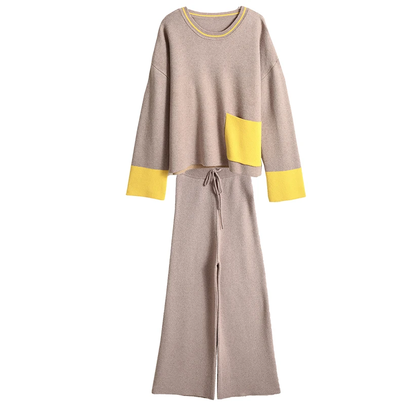 

New Women Autumn Winter 100% Cashmere Wool Knitted Warm Suit O-neck Sweater + Cashmere Pants Loose Style Two-Piece Set Knit Coat
