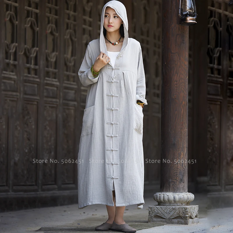 

Костюм Тан из хлопка и льна в китайском стиле, длинное женское и мужское пальто с капюшоном в стиле ретро, накидка, куртки кунг-фу, верхняя од...