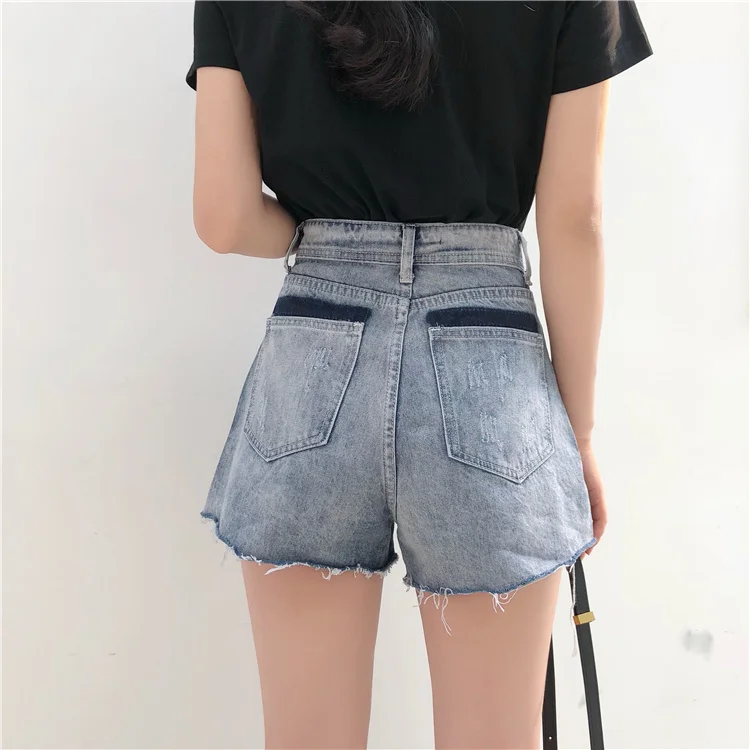 

Summer Large Size Retro Color Block Denim Shorts for Plump Girls High Waist Loose and Slimming All-Matching Wide Leg Hot Pants
