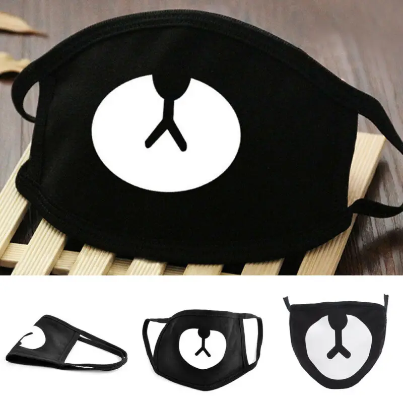 Черная моющаяся хлопковая маска с рисунком медведя из мультфильма против пыли и