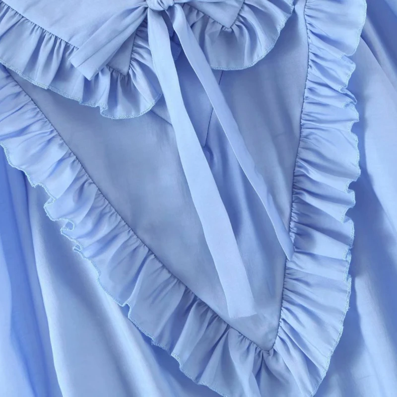 

Sukibandra 2021 Spring Long Sleeve Blue Ruffle Women Vintage Blouse Elegant Bow Tie Sweet Pullover Shirt Blouses Womens Clothing