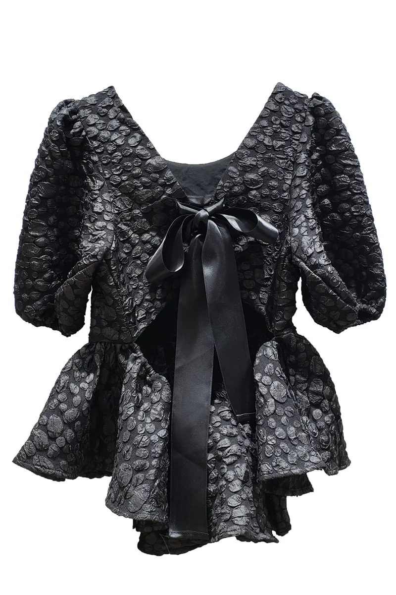 

2021 Summer Backless Bow Puff Sleeve Short Shirt Women's Fashion Round Neck Short Sleeve Jacquard Top Female Straight Blouses