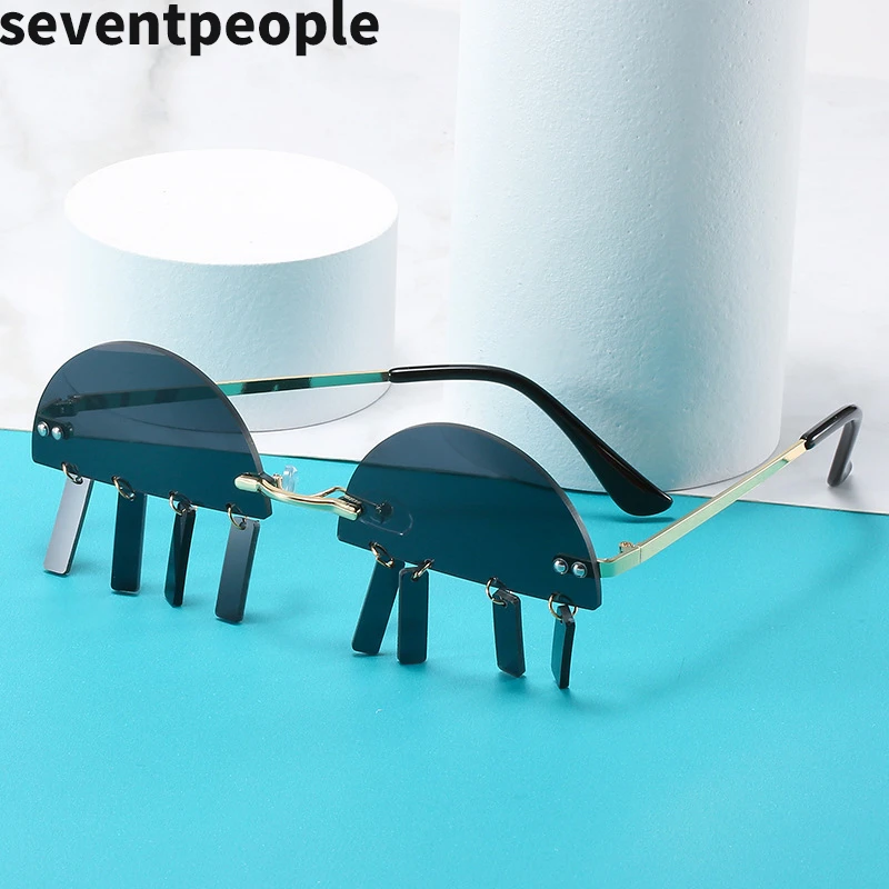 

2020 Fashion Semicircle Tassel Sunglasses Women Unique Half-Frame Pendant Rimless Sun Glasses Ladies Trendy Frameless Eyeglasses