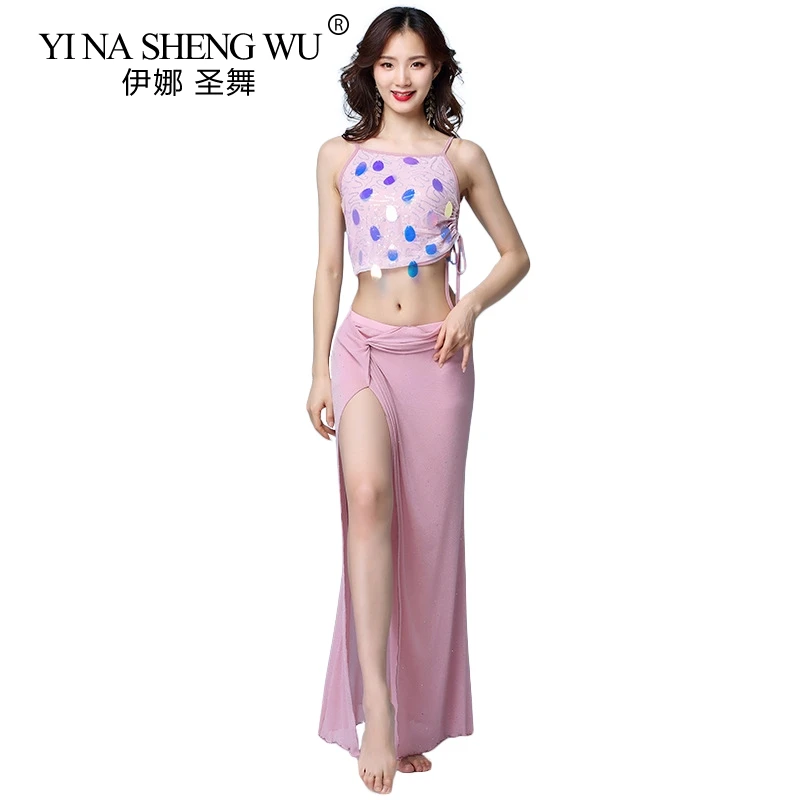 Pink Belly Dancing Suit Female New Sequins Sexy Sling Dance Practice Costumes Black Oriental 2Pcs Set | Тематическая одежда и