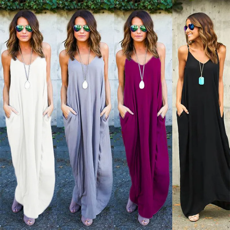 Yvlvol Spring summer sexy sling sleeveless pocket dress women long beach Maxi Shirt Dress 2021 plus size 5XL