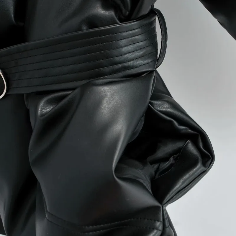 2022 New Fashion Women Winter Vintage Black Thick Warm Faux Leather Parkas Female Elegant PU Zipper Belt Padded Jacket Overcoats images - 6