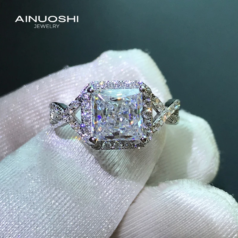

AINUOSHI 925 Sterling Silver Princess Cut 7x7mm SONA Diamond Engagement Rings For Women Promise Halo Split Shank Ring Gift