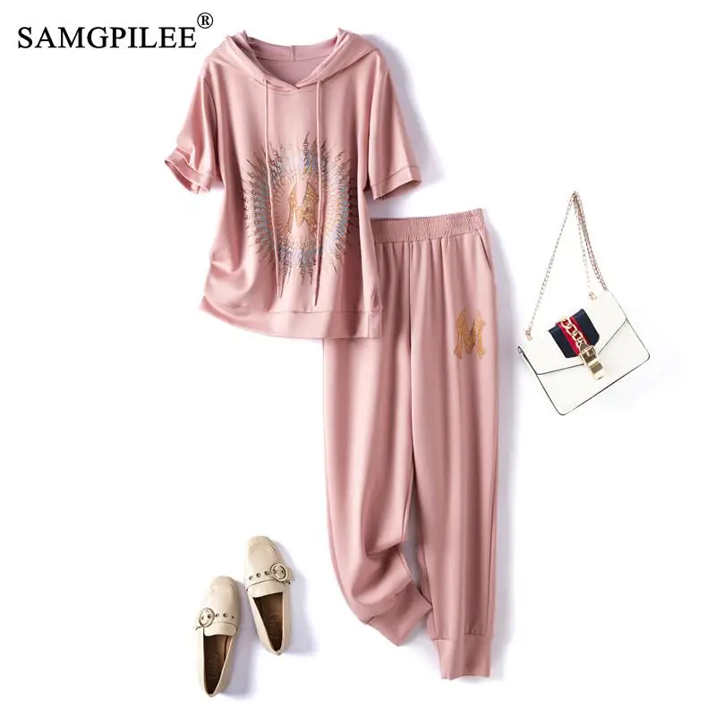 

Two Piece Sets For Women 2021 New Fashion Short Sleeve Office Lady Pullover Hooded Elastic Waist Print Plus Size Woman Clothing