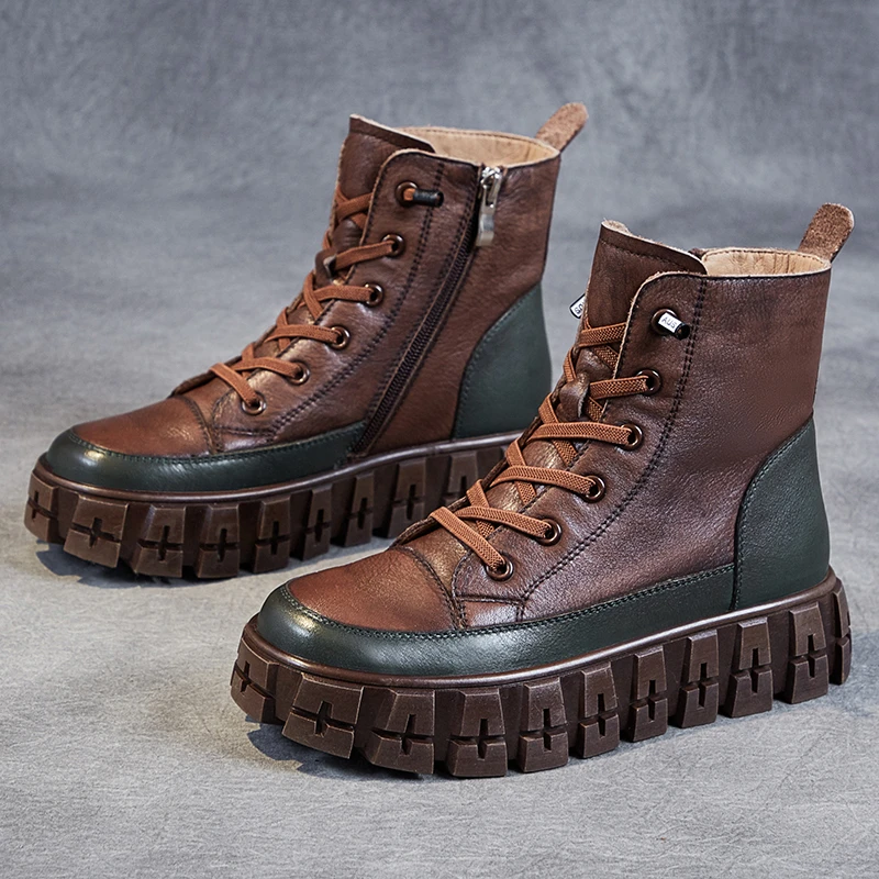 

Drestrive Women Ankle Boots Cow Leather Zipper Flats Platform Cross Tied Round Toe Patchwork 2020 Winter Shoes Brown