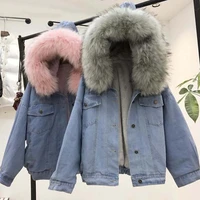 womens denim jacket with fur winter jeans hooded velvet coat female faux fur collar 2020 padded warm jackets women dropshipping