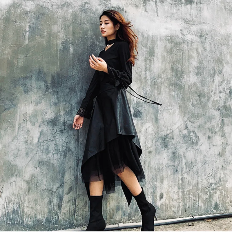 

2021 Spring Autumn New PU Leather Skirt In The Long Section Of High Waist A-line Long Irregular Mesh Skirt FS068