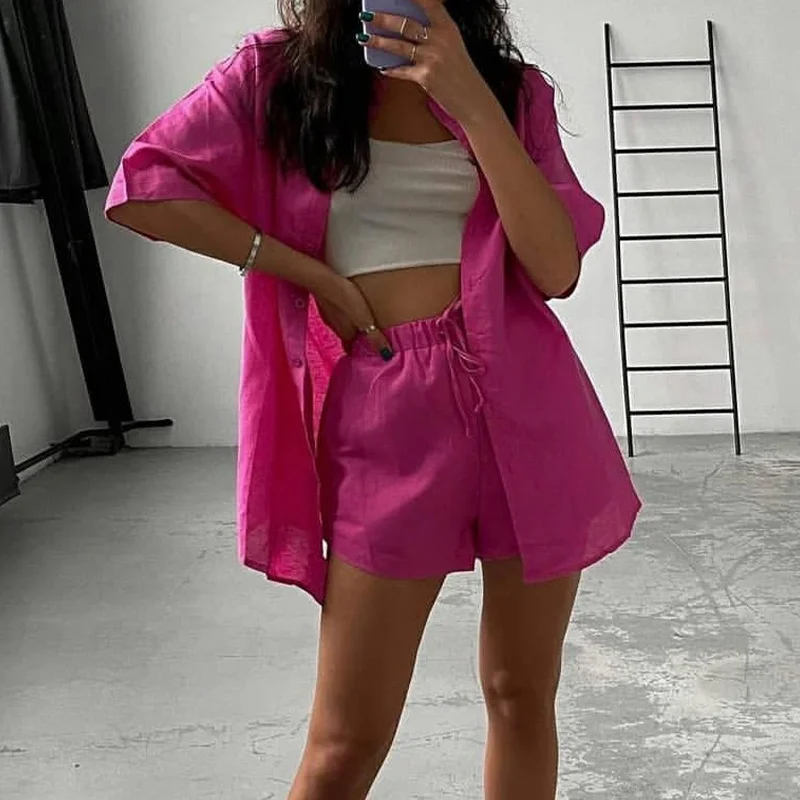 

Loose Drawstring Mini Shorts Two Piece Set Summer Casual Tracksuit Women's Shorts Suits Green Streetwear Short Sleeve Shirt Tops
