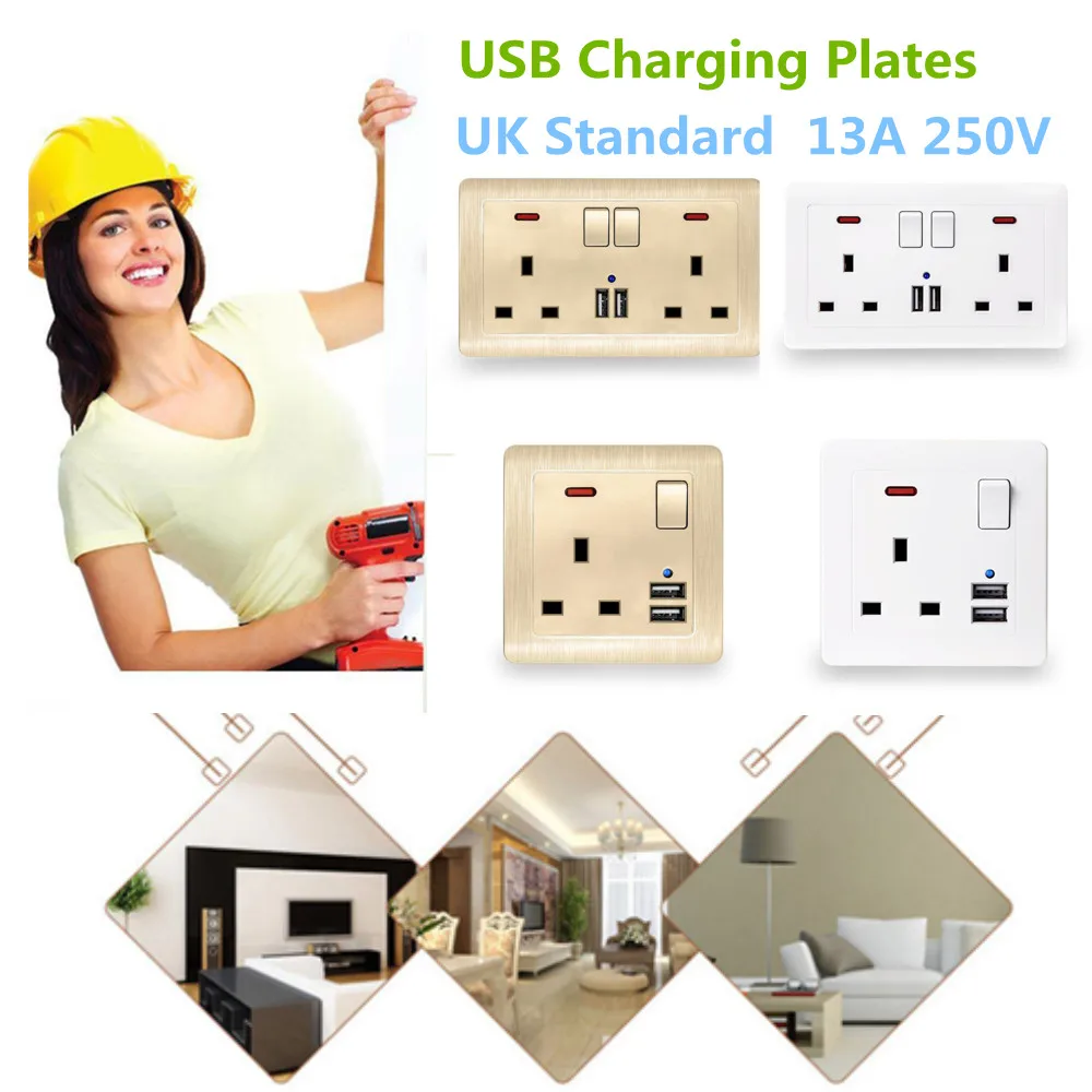 Великобритания одинарные/двойные розетки розетка панель стандарт 3 1 USB настенная