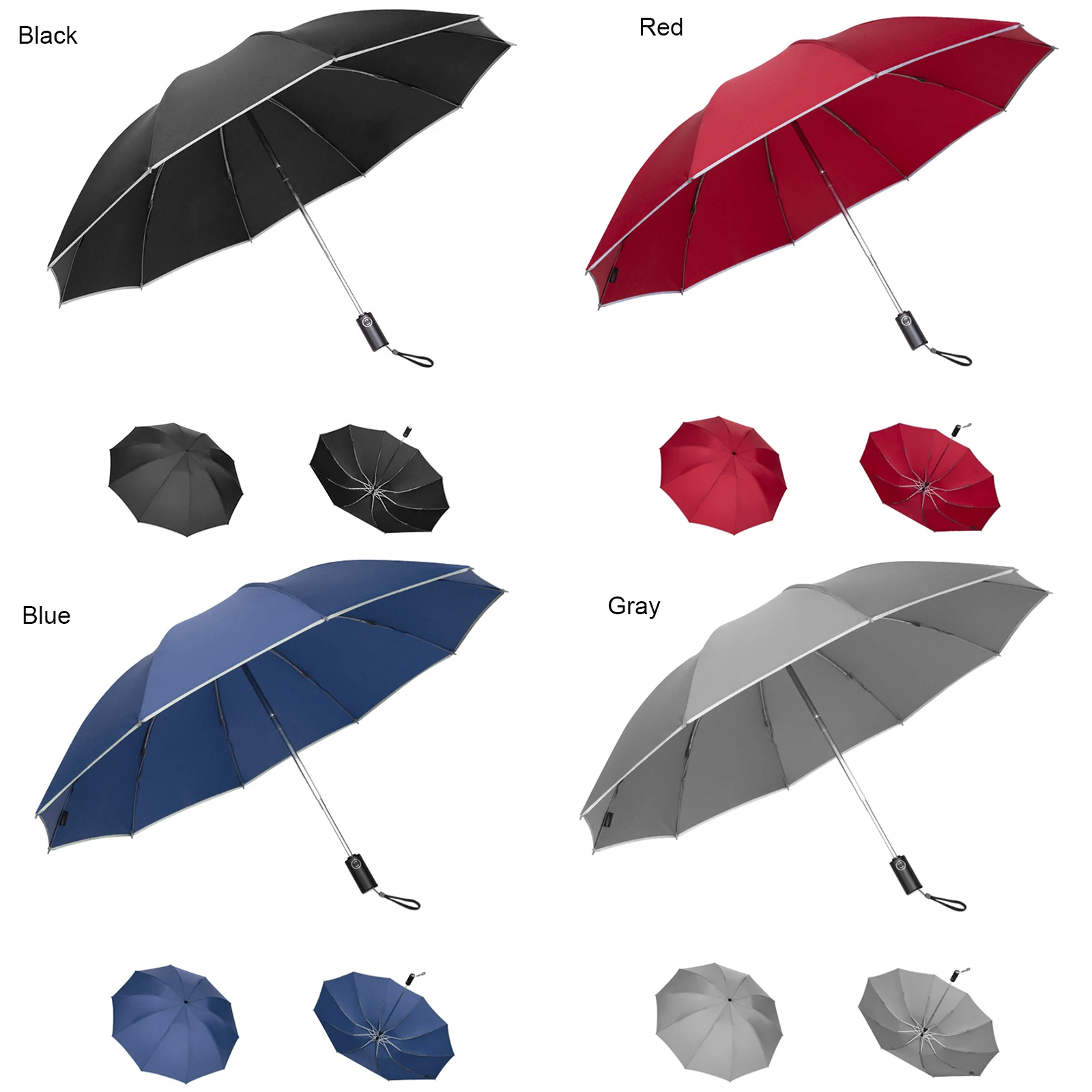 

Automatic Umbrella With Reflective Stripe Reverse Led Light Umbrella Three Folding Inverted 10 Ribs Windproof Umbrellas Travel