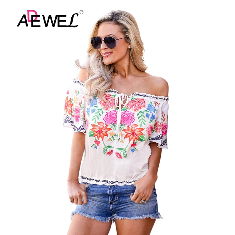 

ADEWEL летние белые Cruisin с цветочным принтом слово плечо топ размера плюс, женские Ropa Mujer Vetement Femme футболки одежда 2XL