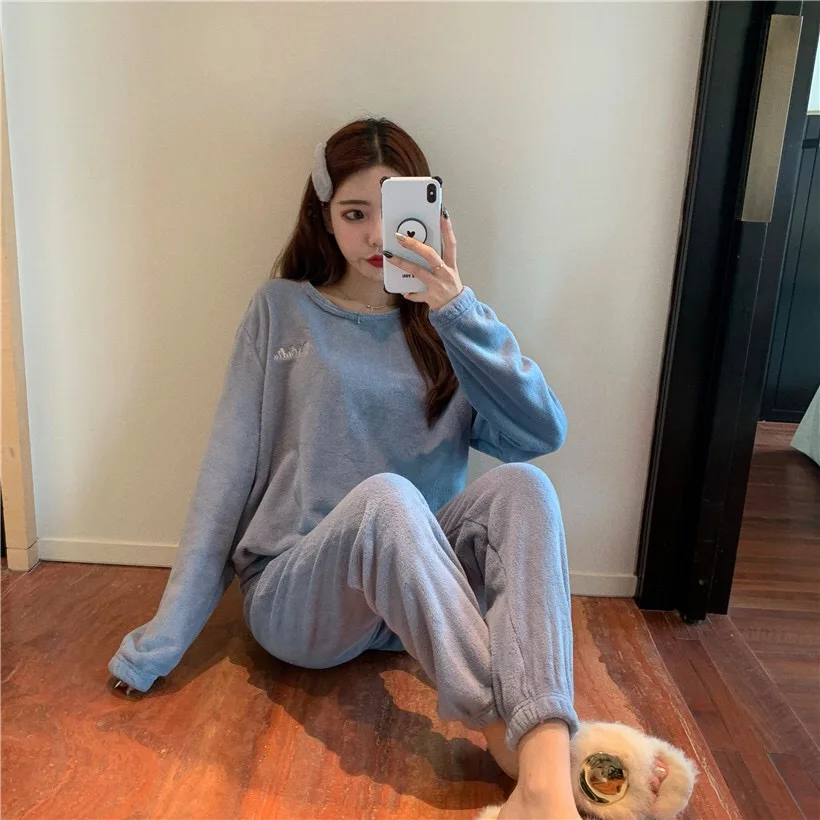 Толстый женский пижамный комплект для женщин зимние теплые фланелевые штаны из