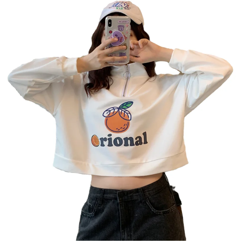 

Orange Sweater High Neck Zipper T-shirt Soft Girl Women Sweet Basis Wild Loose Casual Solid Student Hoodie Japanese Kawaii 2021