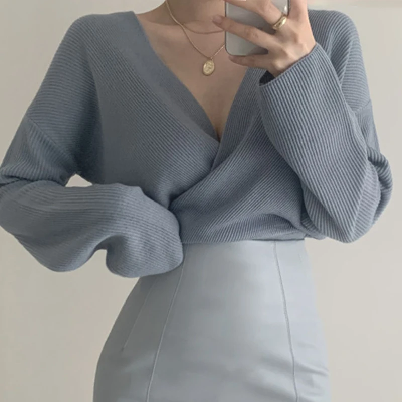 

ZAWAHIKI Korean Chic Elegant Fashion Knitted Pullover Autumn 2021 Sexy V Neck Criss-Cross Loose Long Sleeve Tops Women Sweaters