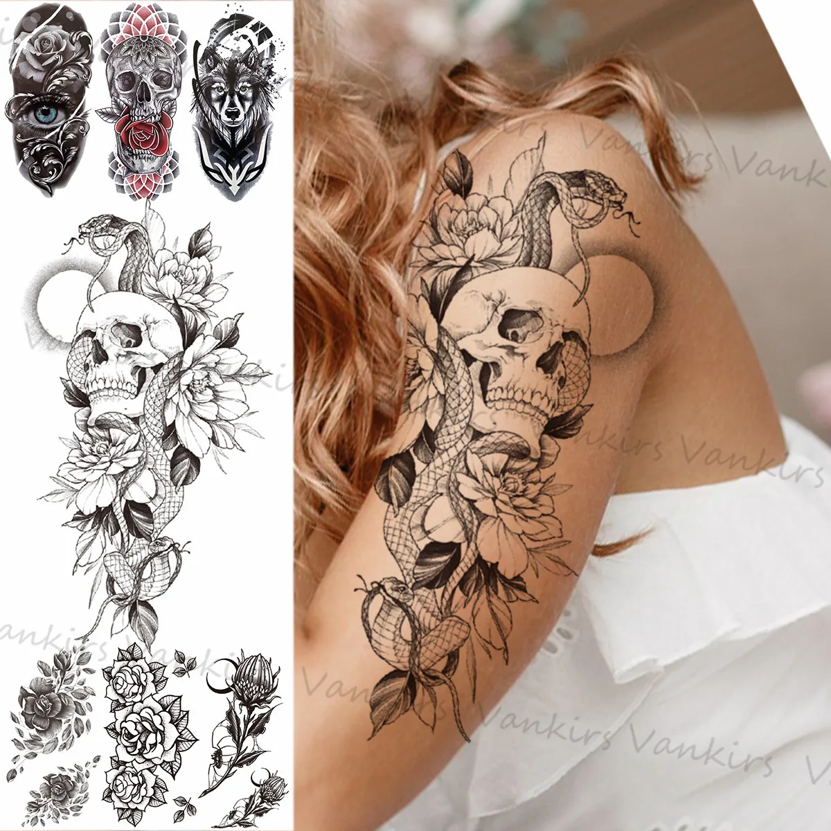 

Skull Skeleton Snake Flower Temporary Tattoos For Women Girls Realistic Snake Wolf Tribal Fake Tattoo Sticker Arm Waist Tatoo 3D
