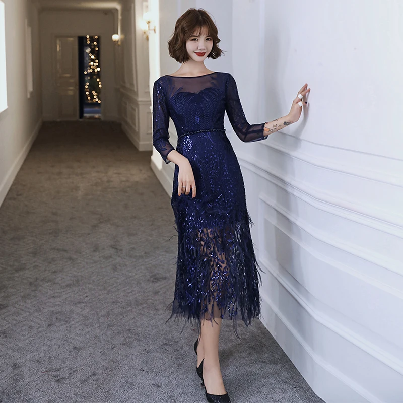 AE655 новый стиль чай-Длина Темно-синие вечерние платья 2020 перья Формальные