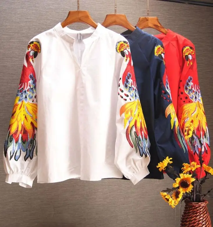 Женская весенне-осенняя хлопковая рубашка с вышивкой Феникс винтажная Свободная