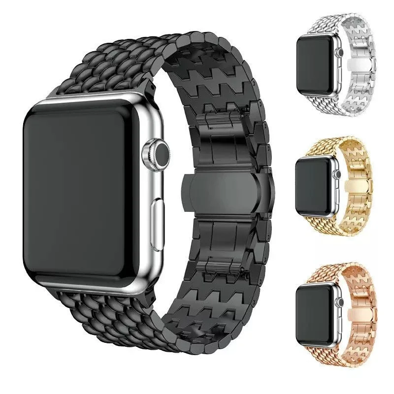 New stainless steel metal strap for Apple Watch 6 5 4 SE strap 42mm 44mm iwatch 3 40mm 38m dragon pattern butterfly buckle strap