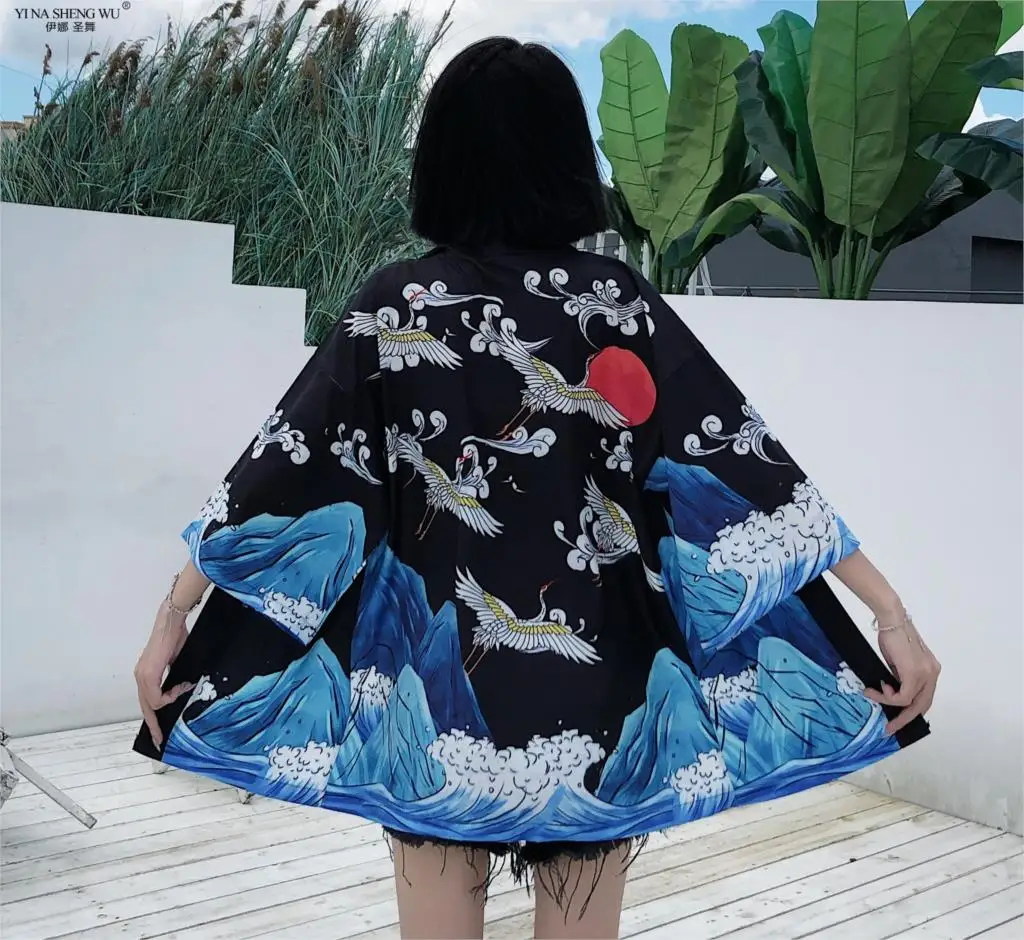

Crane Print Japanese Fashion Cardigan Kimono Mujer Harajuku Women Beach Coat Yukata Streetwear Shirt Traditional Haori Clothing