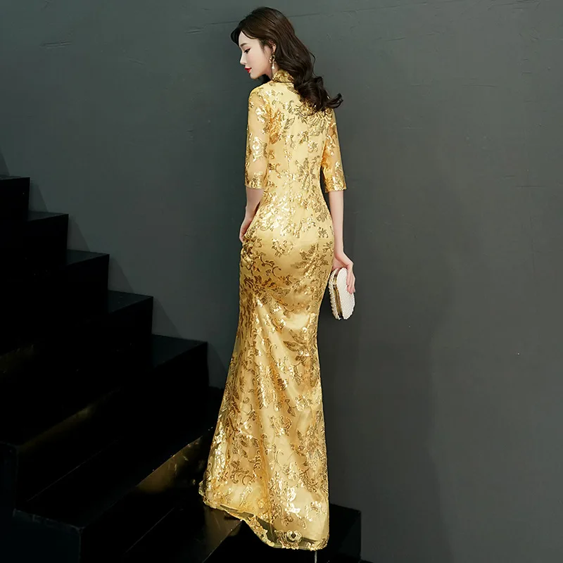 Женское кружевное платье-Ципао элегантное винтажное платье с блестками и Ципао