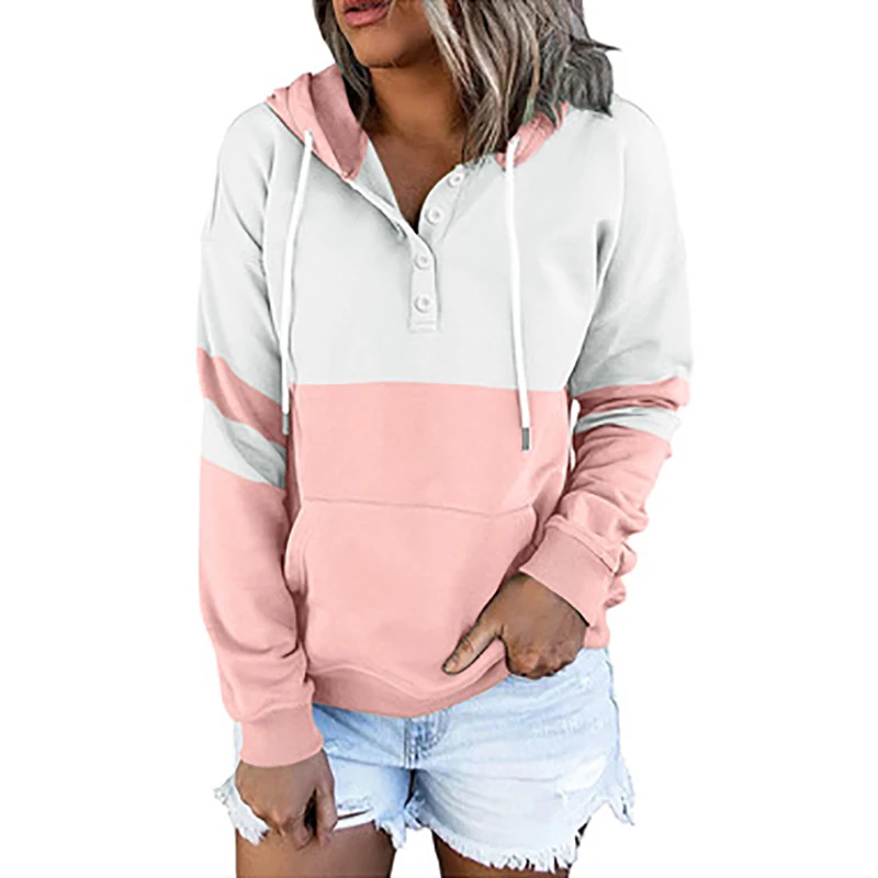 

Helisopus Stitching Hooded Plus Fleece Sweater Patchwork Shirt Button Loose V-neck Autumn Ladies Sports and Leisure Sweater