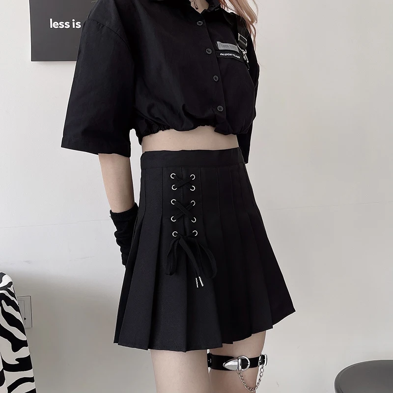 

Women Black White Gothic Punk Eyelet Mini Skirt 2021 Lady Criss-cross Lace-up High Waist Pleated Skirts Hipster Cool Streetwear