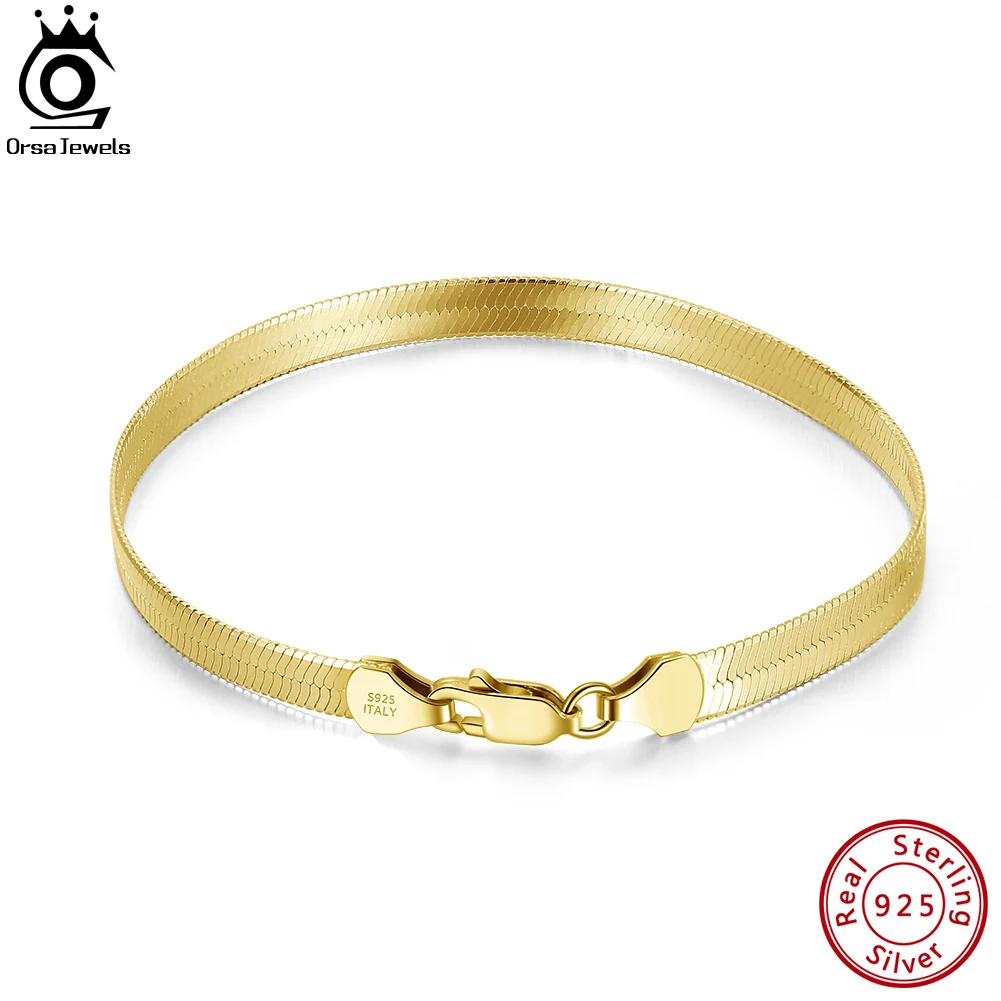 

ORSA JEWELS Italian 4.5mm Flexible Flat Herringbone Chain Bracelet Women 18K Gold over 925 Sterling Silver Man Jewelry SB107-18K