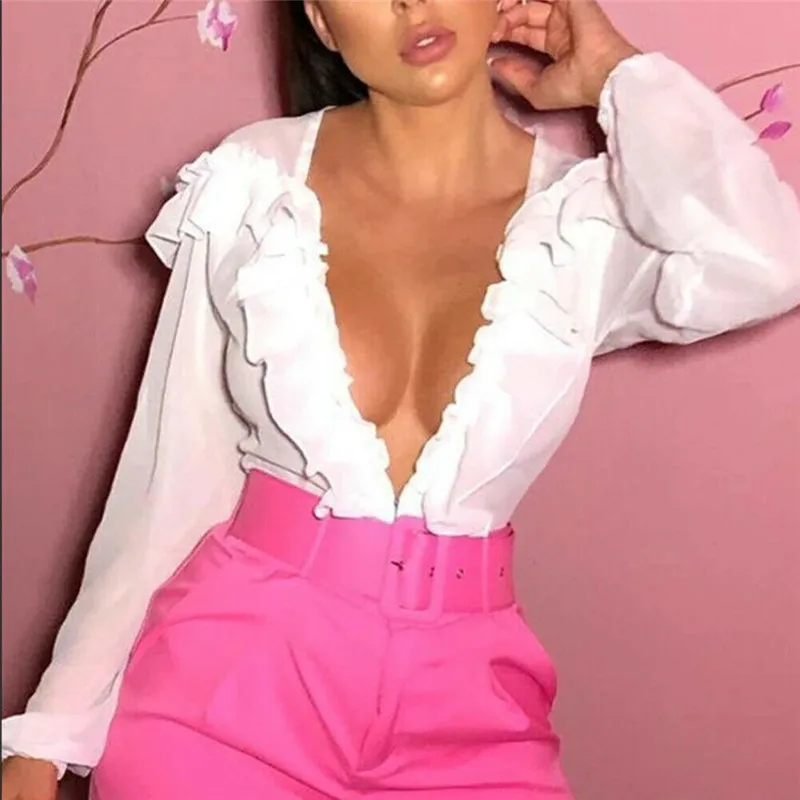 

Women Sheer Mesh V-neck Blouse Fall Spring Ladies Ruffle Long Sleeve Shirt Perspective Top Shirts Sexy Female Transparent Blouse