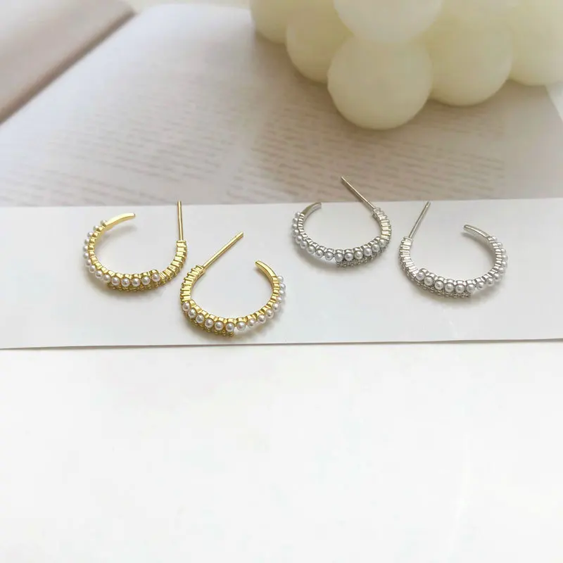 

S925 silver letter C shape pearl earrings French retro simple design earrings stud earrings for girls